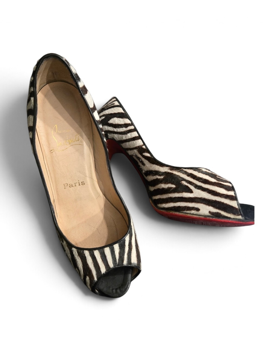 Christian Louboutin Zebra-Print Peep-Toe Pumps with Red Sole